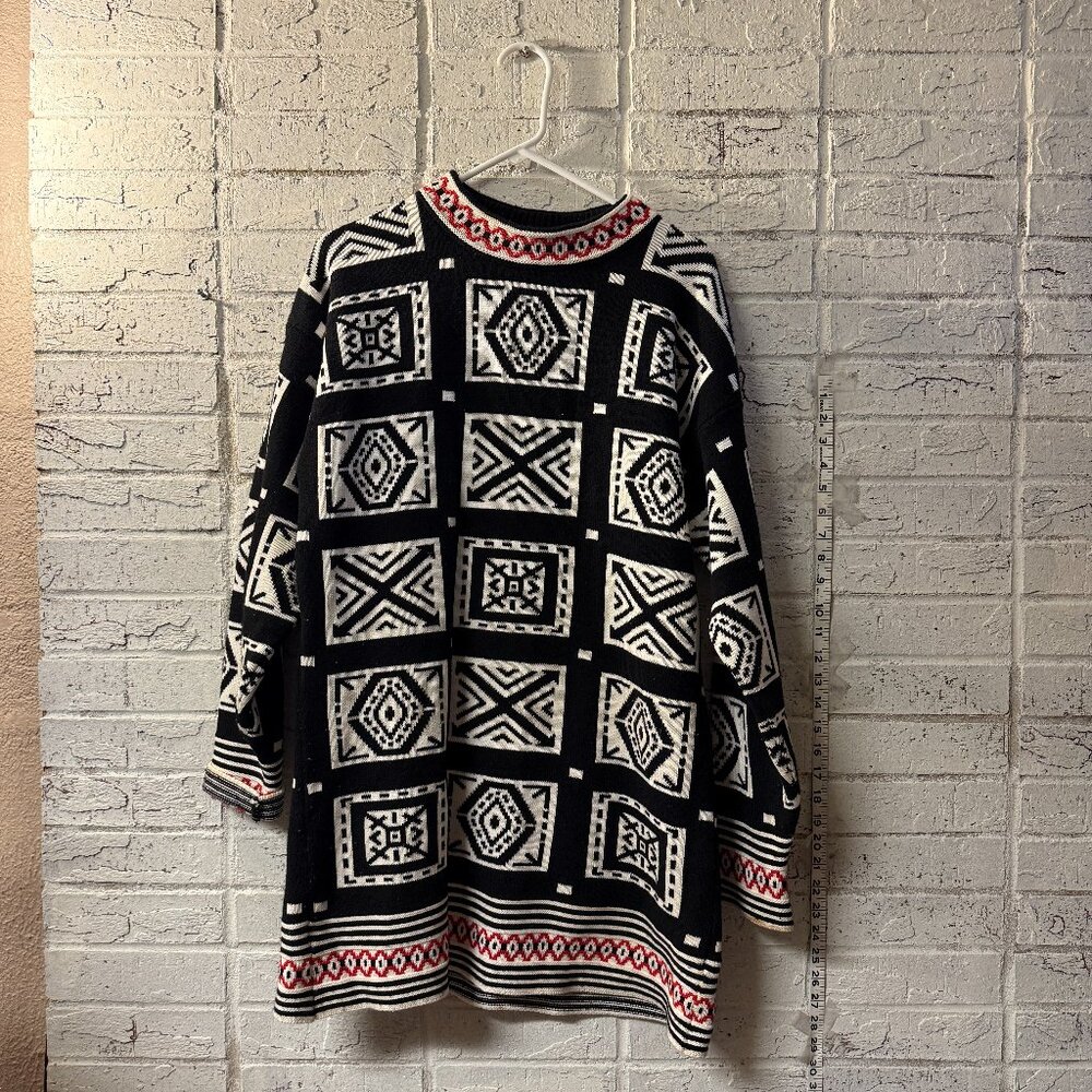 Vintage Hunt Club Geometric Sweater Black White Red Unisex Size L USA Made